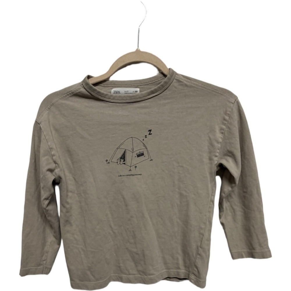 Zara Boys Camping Graphic Long Sleeve T-Shirt Beige Cotton Size 7 Kids Outdoor